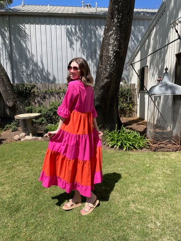 Ruffle Sleeve V-Neck Color Block Maxi Dress in Fuchsia/Orange