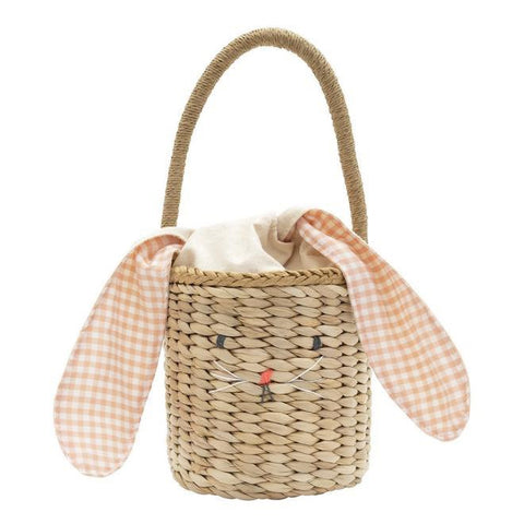 Gingham Lined Straw Bunny Bucket Bag