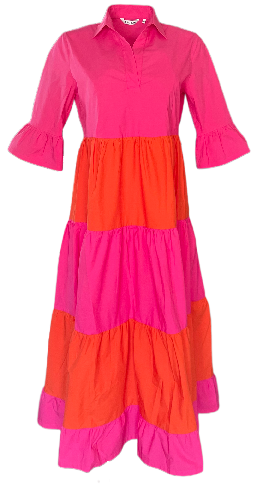 Ruffle Sleeve V-Neck Color Block Maxi Dress in Fuchsia/Orange