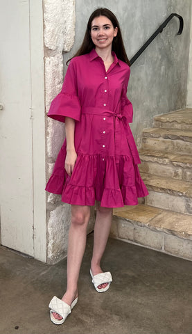Flounce Sleeve Belted Mini Dress in Berry