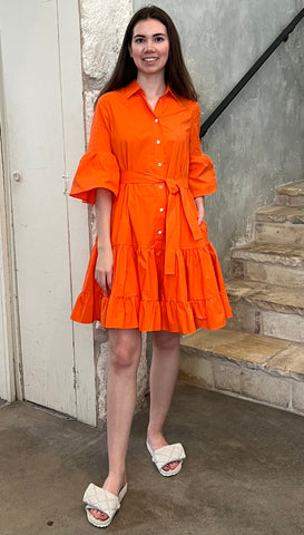 Flounce Sleeve Belted Mini Dress in Orange