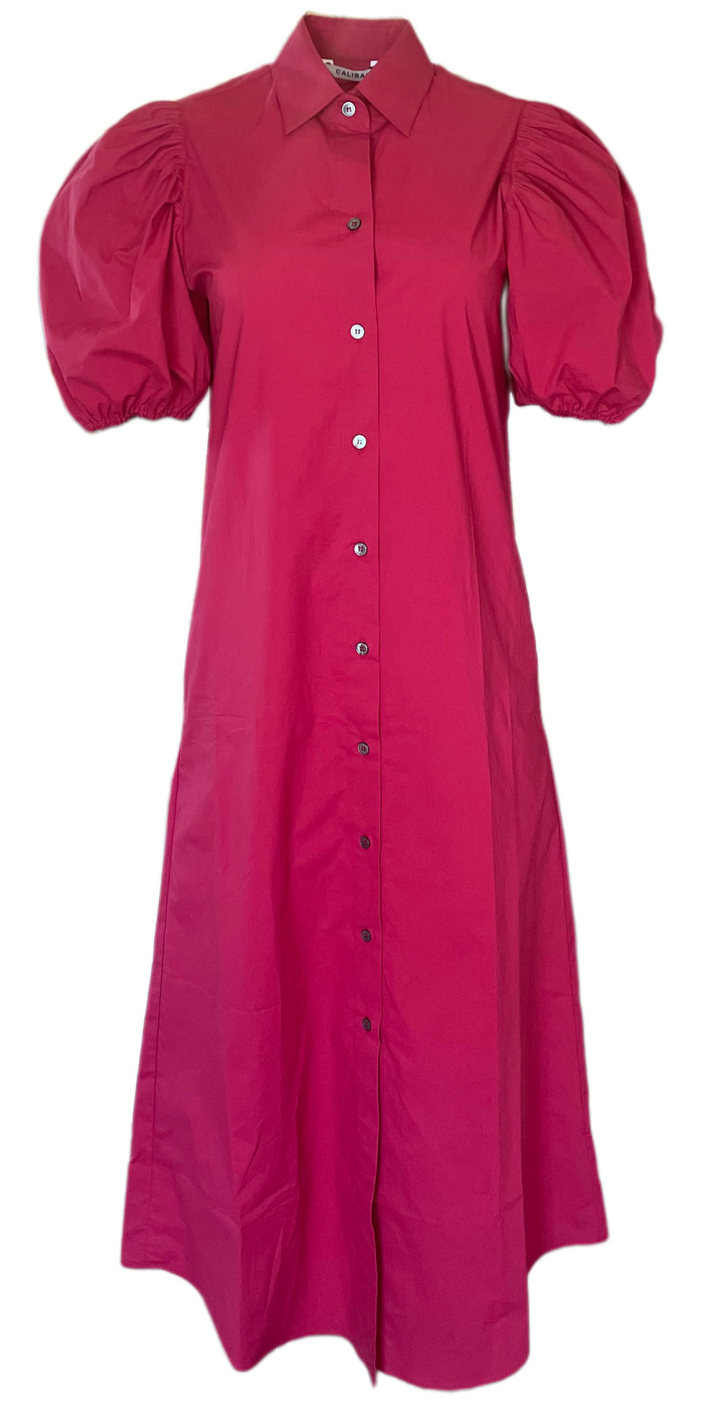 Puff Sleeve Pocketed Midi Shirt Dress in Raspberry