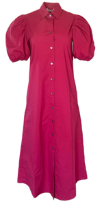 Puff Sleeve Pocketed Midi Shirt Dress in Raspberry