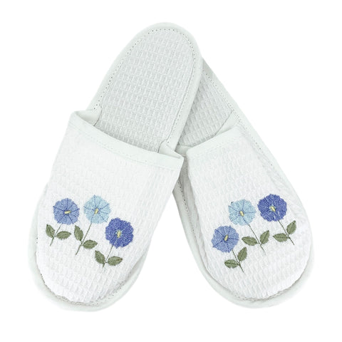 Row of Flowers White Waffle Slippers in Blue