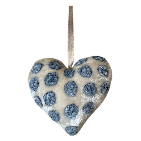 Dotty Silk Velvet Heart in Ivory/Blue