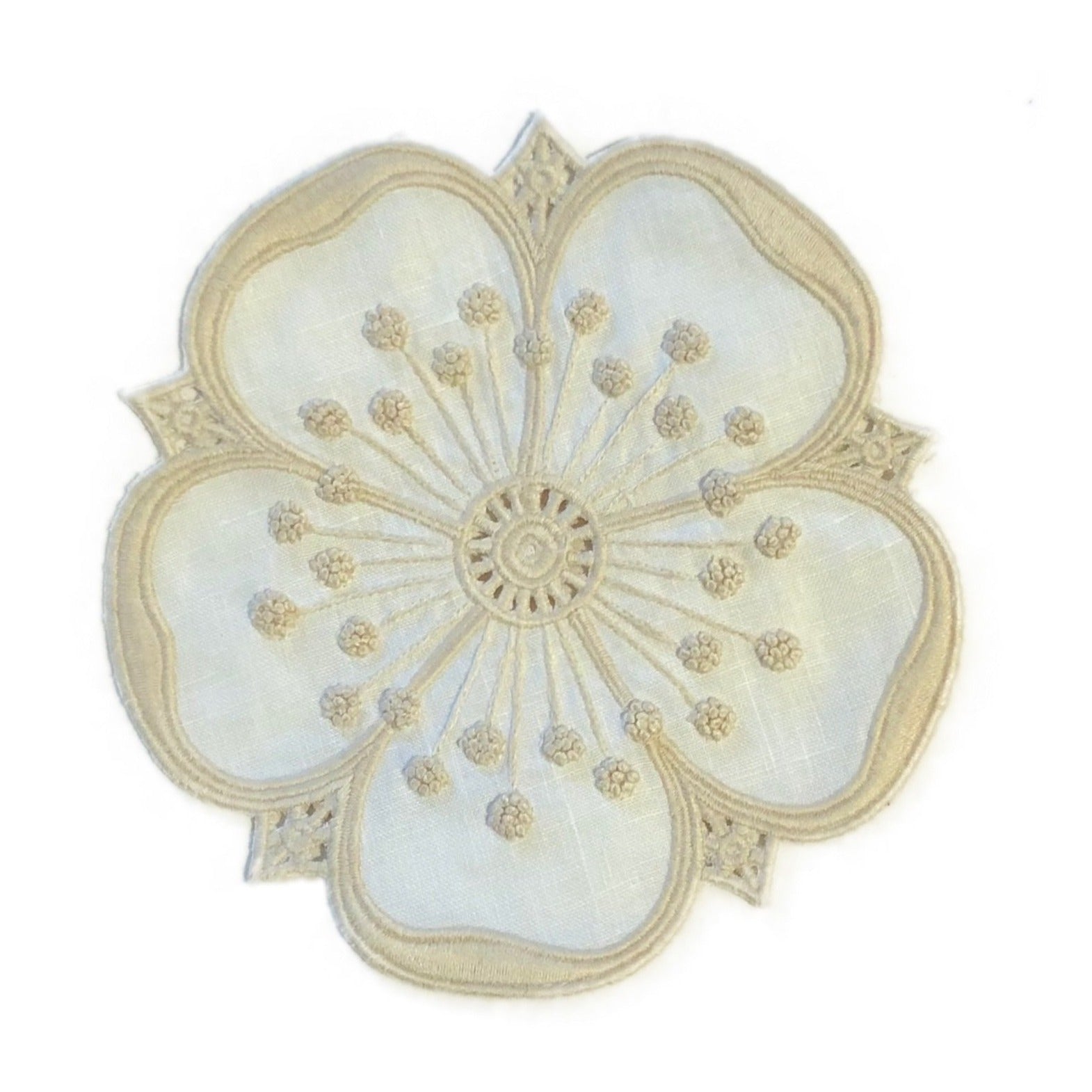 Embroidered Petal Coaster Set in White + Cream