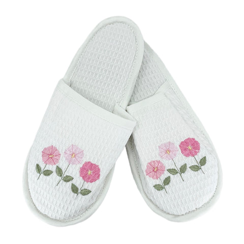 Row of Flowers White Waffle Slippers in Pink
