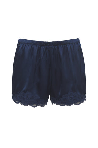 Floral Lace-Trimmed Silk Shorts in Navy