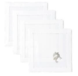 Set of 4 Embroidered Cocktail Napkins with Silver Reindeer