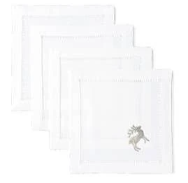 Silver Reindeer Embroidered Cocktail Napkin Set